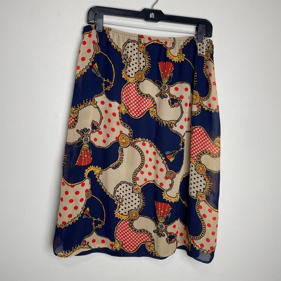 Retro Vibe Colorful Knee Length Patterned Slip Skirt Tan Navy Red 40 - Picture 2 of 9